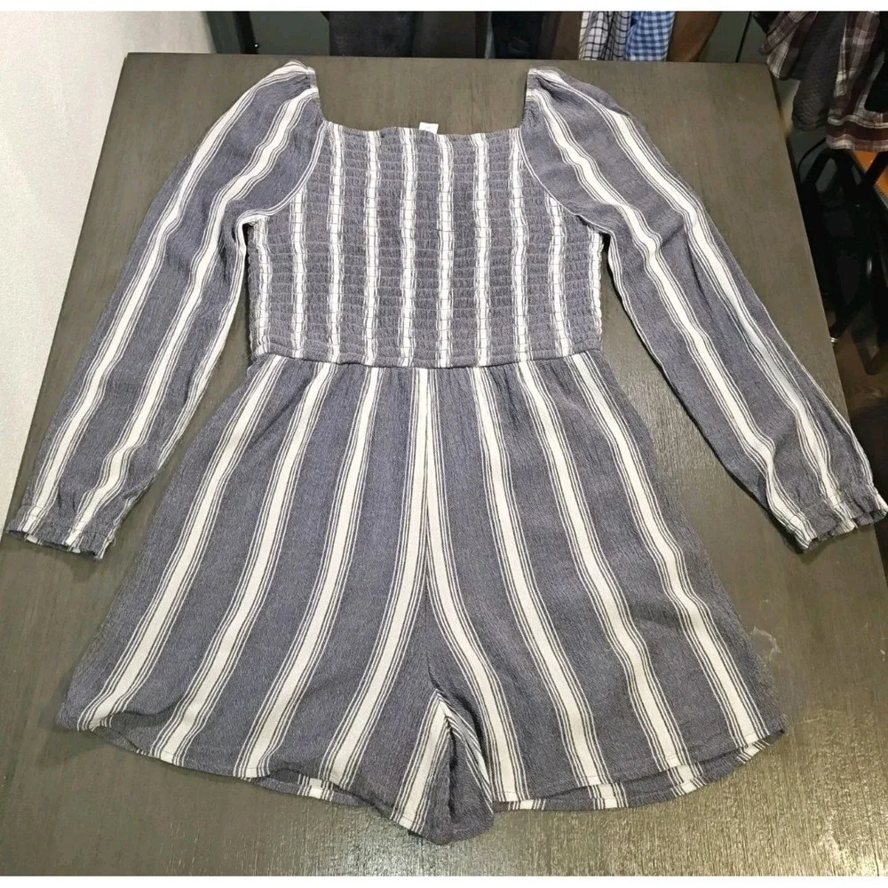 Justice Girls Size 14 Blue White Striped Long Sleeve Romper Smocked Bodice...